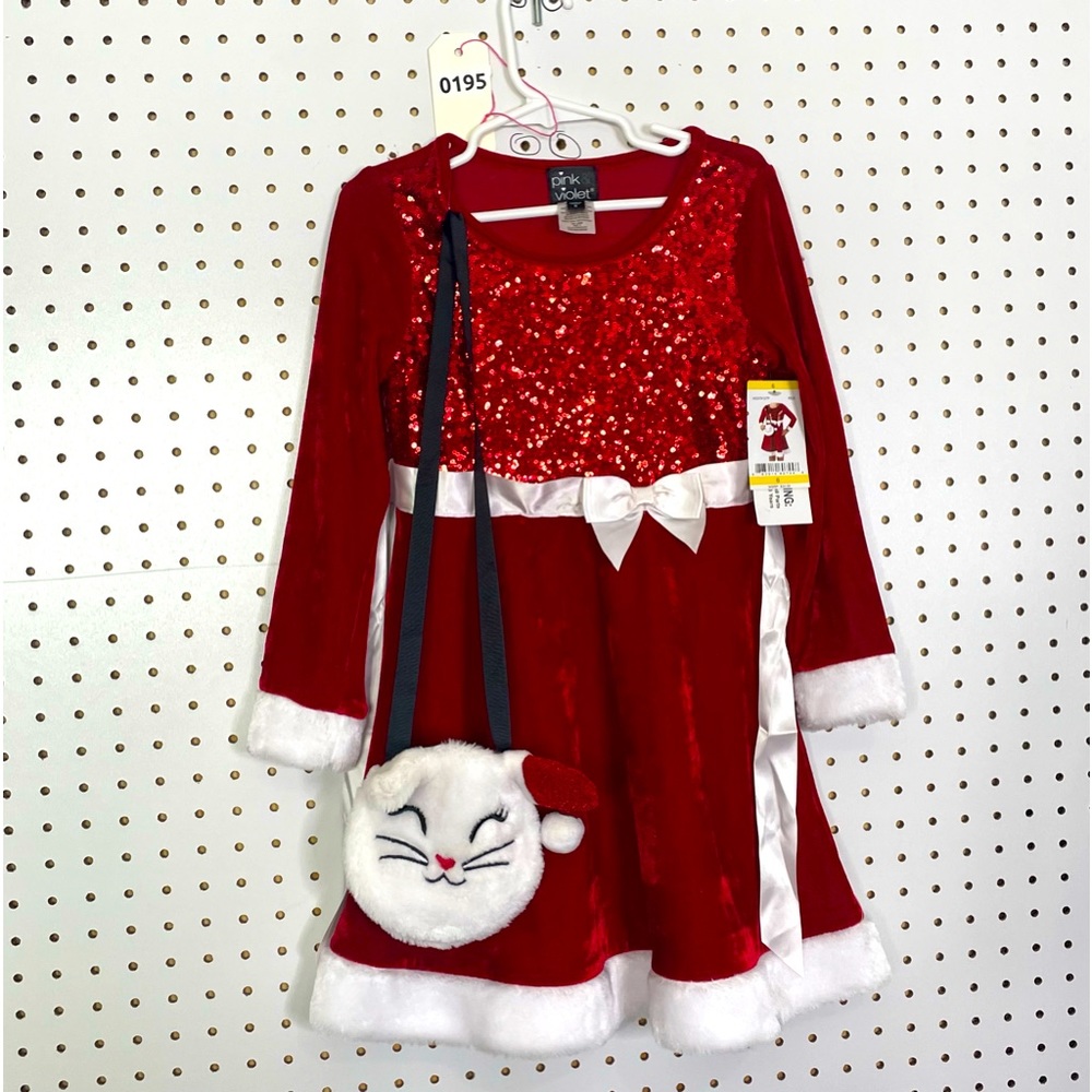 Pink Rose Red and White Kids Dress with Cat Purse